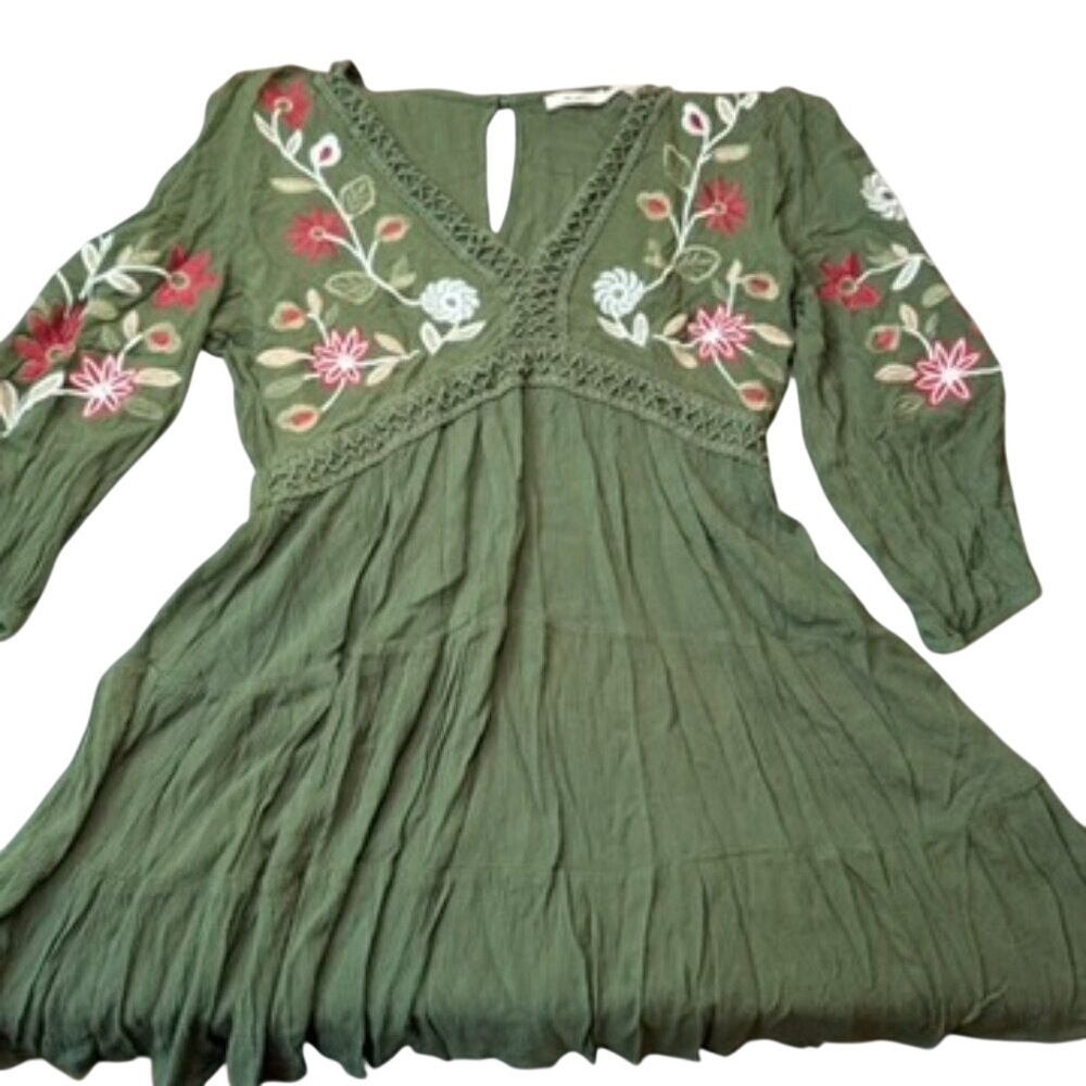 Mi Ami Dress Womens Med Green Floral Embroidered Boho Crochet Peasant Ren Faire